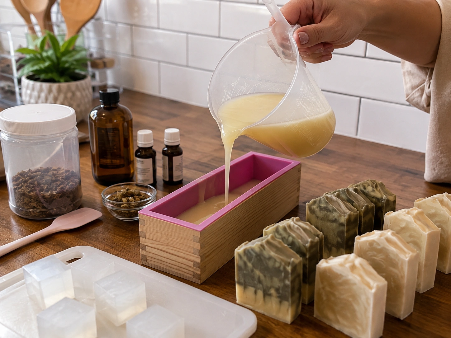 Preparando sabonete artesanal: derretendo a base glicerinada e vertendo no molde, com sabonetes prontos ao lado